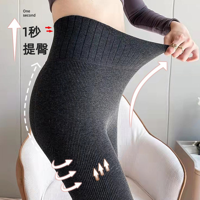 Vertical Striped Leggings for Women, High-Waisted Slimming Pantyhose, Fleece-Lined, Thickened, Warm, Suitable for Outerwear, Gray-Black Base Cotton Pantyhose
