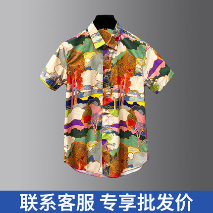 Light Luxury Handsome Men's Clothing Men's Trendy Versatile Shirts Digital Printing Men's Short-Sleeved Shirts Light Luxury and High-End