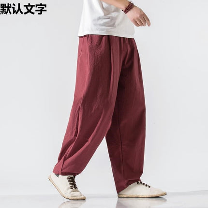 Pendant Wide-leg Pants Men's Loose Straight Linen Pants Chinese Style Spring and Summer Linen Bloomers for Fatty Men Cotton and Linen Casual Pants