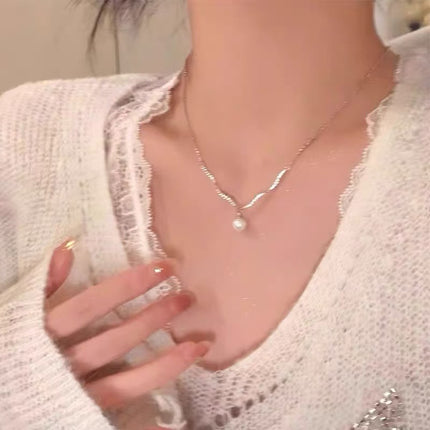 925 Silver-Plated Elegant Sparkling Zirconium Wave Pearl Pendant Clavicle Chain High-End Accessible Luxury Niche Necklace Women's Sweater Chain