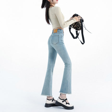 Light Blue Denim Flared Jeans for Women, 2025 Autumn New High-Waisted Slimming Design with Frayed Edges