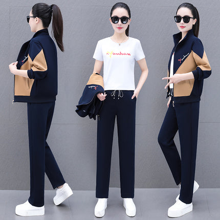 High Cotton Color-Block Two-Piece Fashion Casual Sports Suit for Women, Spring and Autumn, Middle-Aged Mom, Stand Collar Cardigan and Color-Block Sweatpants
