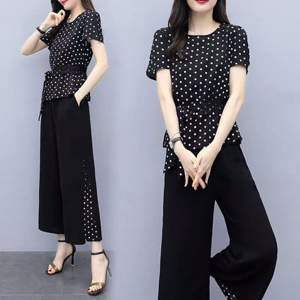 One-piece/Set Large Size Stylized Age-reducing Belly-covering Top Women's Polka Dot Short-sleeved Korean Style Wide-leg Pants Two-piece Set Fashionable