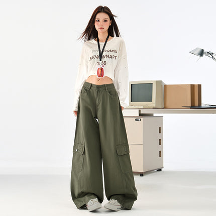 American Military Green Scimitar Jeans Women's Autum New Design Loose Floor-Length Workwear Casual Wide-Leg Pants