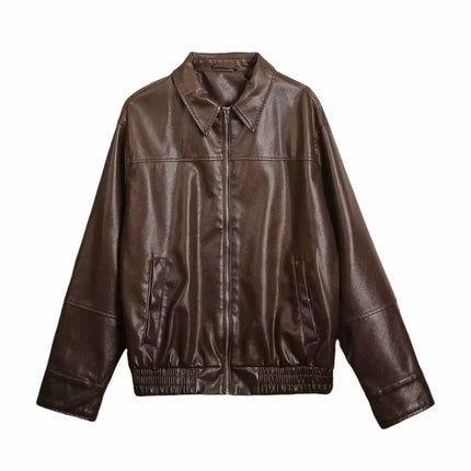 2025 Autumn New Style American-Style Faux Leather Bomber Jacket for Women, Oversized Loose Pu Leather Zip-Up Jacket Trendy