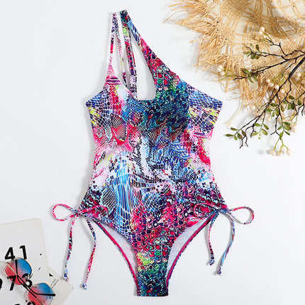 2025 European and American New Graffiti One-Shoulder One-Piece Printed Vacation Swimsuit Bikini Bikini Swimsuit Cross-Border