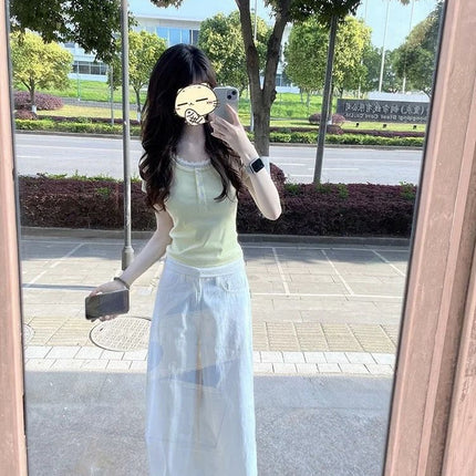 Cream Yellow Polka Dot Fake Two-Piece Right Shoulder Short-Sleeved T-Shirt for Women Summer Slim Lace Sweet Sexy Short Top