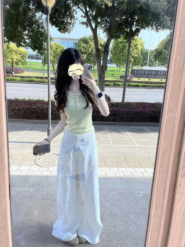Cream Yellow Polka Dot Fake Two-Piece Right Shoulder Short-Sleeved T-Shirt for Women Summer Slim Lace Sweet Sexy Short Top