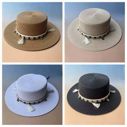 Bohemian Cowboy Style Flat-Top Straw Hat for Women's Summer Travel and Vacation Sun Protection Hat for Shopping and Versatile Flat-Brimmed Hat