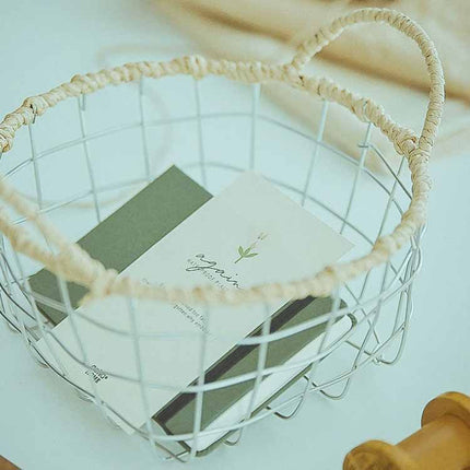 Scandinavian Double-ear Woven Storage Basket Wire Woven Storage Basket Living Room Sundry Storage Desktop Convenient Woven Basket