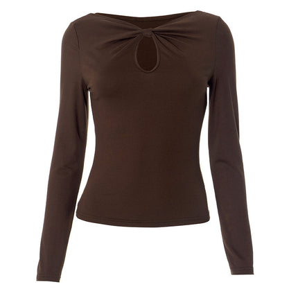 C113TP European and American Spice Girls Autumn New Solid Color Bow Collar Hollow Sexy Slim Long Sleeve Women's T-Shirt Top