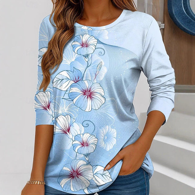 Cross-Border European and American 2025 New Autum Amazon Long-Sleeved Round Neck Casual Fashion Printed Pullover Tops for Women