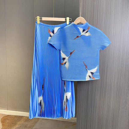 Fashion Wholesale Printed Two-Piece Set High-End Women's Top Pleated Skirt Two-Piece Set Commuter Pleated Skirt Suit