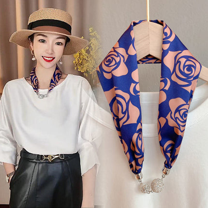 2026 New Magnetic Buckle Small Silk Scarf with Geometric Patterns and Rhinestones, Magnetic Necklace Scarf, Women's Hairband Scarf