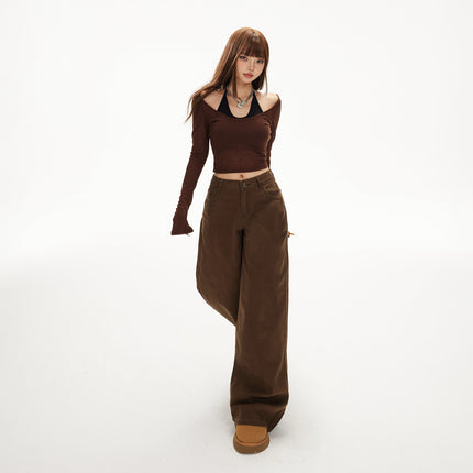 Raccoon House # 2-Color American Retro High-Waisted Loose Wide-Leg Pants, Versatile Ins Draped Autumn and Winter Straight Jeans for Women