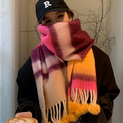 New Colorful Striped Scarf for Women, Winter High-End Thickened Warm Colorful Pom-Pom Versatile Neck Warmer Dopamine Trend