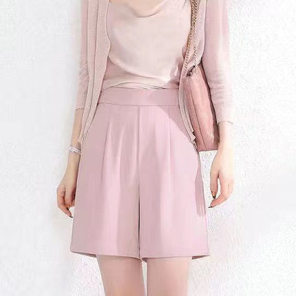 Ice Silk Suit Shorts Women's Summer Thin Five-quarter Pants Loose Wide-leg High-waisted Large Size Double-button Straight Slim Mid-pants