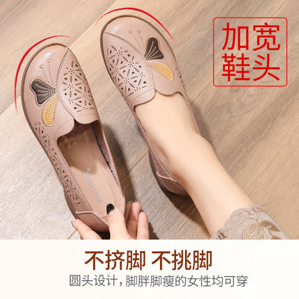Mom's Shoes for Women, Comfortable, Breathable, Non-Slip, Hollow-Out Shoes for Middle-Aged and Elderly Women, Summer Sandals, Soft-Soled Leather Shoes