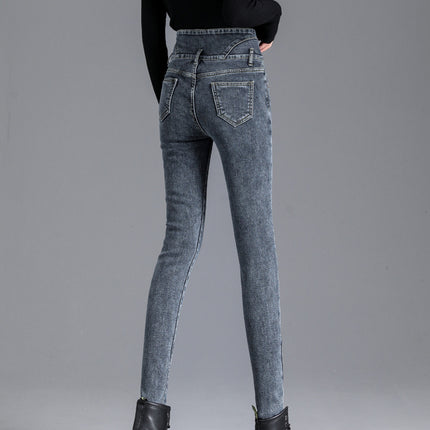 Super High Waist Jeans Women's Skinny 2024 Autumn and Winter New Fashionable fleece-lined Thickened Slimming Tall Pencil Pants