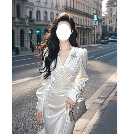 Korean Style Atmosphere Wearing Cold Style Chic Skirt Royal Sister Style White Velvet dress New Style