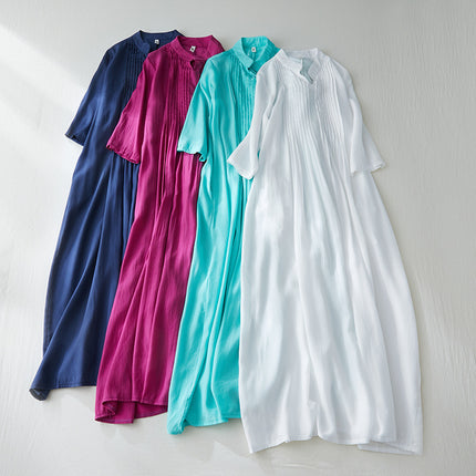 Organ Pleated Solid Color Cotton and Linen Dress for Women, New Autumn Style, Loose Fit, Slimming, Small Stand Collar, Three-Quarter Sleeves, Flowing Long Dress