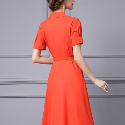 Zhili Commuter Style Lapel Dress 2026 Summer New Orange High-End Exquisite Figure-Flattering Double-Breasted Flared Dress