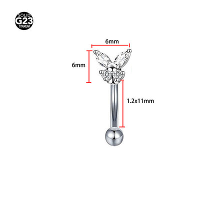 1.2mm x 11 F136 Titanium Zircon Butterfly Ear Nail Screw Ball Earring Eyebrow Nail Eyebrow Piercing Jewelry