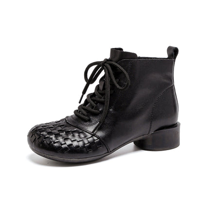 Genuine Leather Boots 2025 Autumn and Winter New Thick Heel Soft Sole Top Layer Soft Cowhide Women's Boots Retro Polished Woven Single Boots