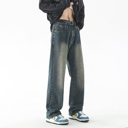 LKTM Men's# Retro American Nostalgic Retro Green Jeans Men's Straight Loose Pendant Casual High Street Pants