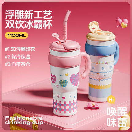 New Model Giant Double Drinking Straw Thermos Cup, Large Capacity Water Bottle for Women, High Aesthetic Value, Ice-Retaining with Handle