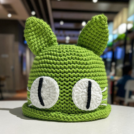 Hand-woven demon big-eyed cat funny wool hat children's green cartoon knitted head cap for men