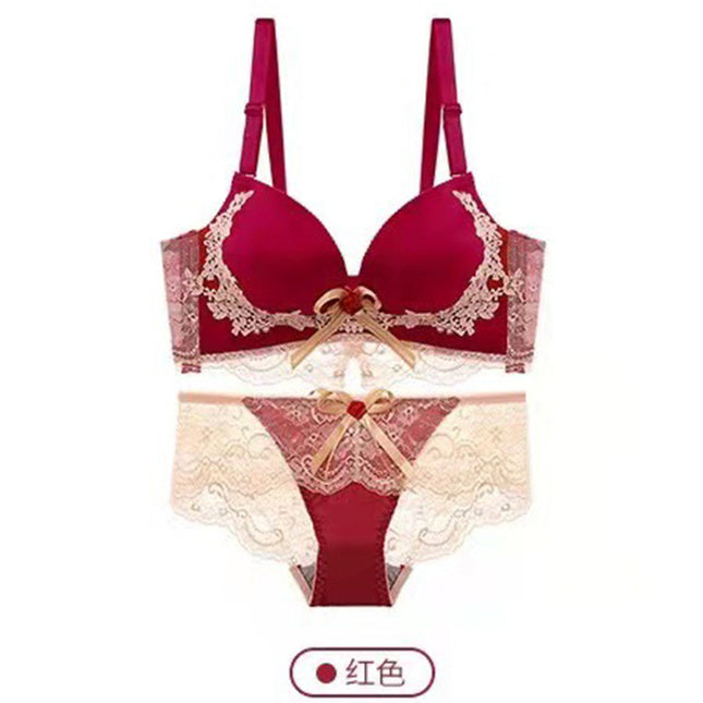 Red Embroidered Lace Sexy Wireless Bra Set for Women, Comfortable Push-Up and Side Support Bra Set