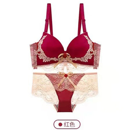Red Embroidered Lace Sexy Wireless Bra Set for Women, Comfortable Push-Up and Side Support Bra Set