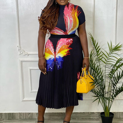 Q067 European and American Women's 2022 New Fashion Printed Top Pleated High Waist Skirt Set Foreign Trade Two-piece Set