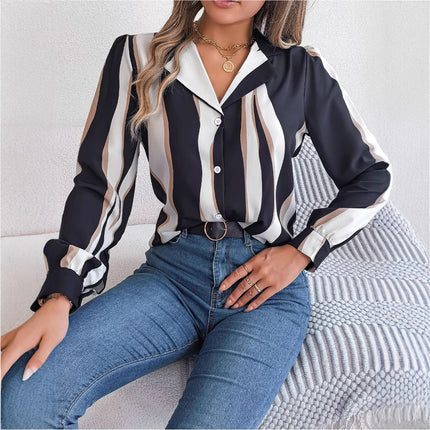 Real Shot of 2026 Spring/Summer European and American Casual Versatile Color-Block Striped Suit Collar Long-Sleeve Shirt for Women, Available on Independent Cross-Border Platforms
