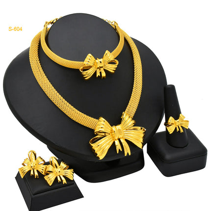 24K Dubai gold jewelry set Saudi bridal necklace bracelet earrings ring Indian ladies four piece wholesale
