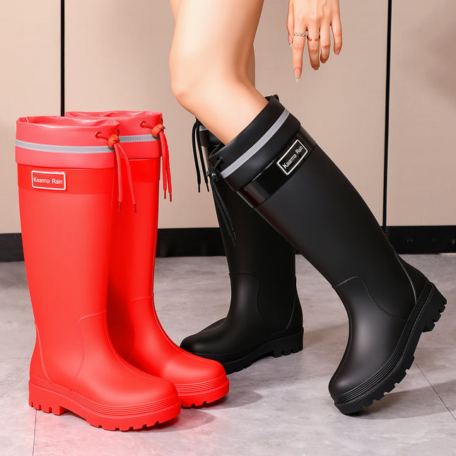 Japanese and Korean Fashion Rain Boots, Extra Tall Red Drawstring Rubber Shoes, Height-Increasing Slimming Rain Boots, Waterproof Outdoor Slip-On Water Shoes, Water Boots