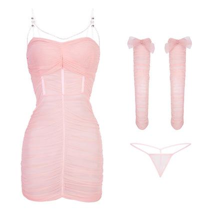 French-Style Nightdress with Sheer Mesh, See-Through Sexy Sleepwear, Soft Gauze Ruched Lingerie, Bodycon Skirt, Flirty Loungewear