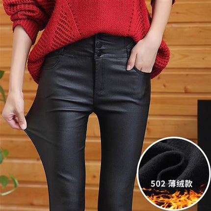 Matte Leather Pants for Women, Versatile High-Waisted Autumn and Winter Velvet Thickened Slimming Look Leggings for Women, Popular Outer Wear Black Leggings