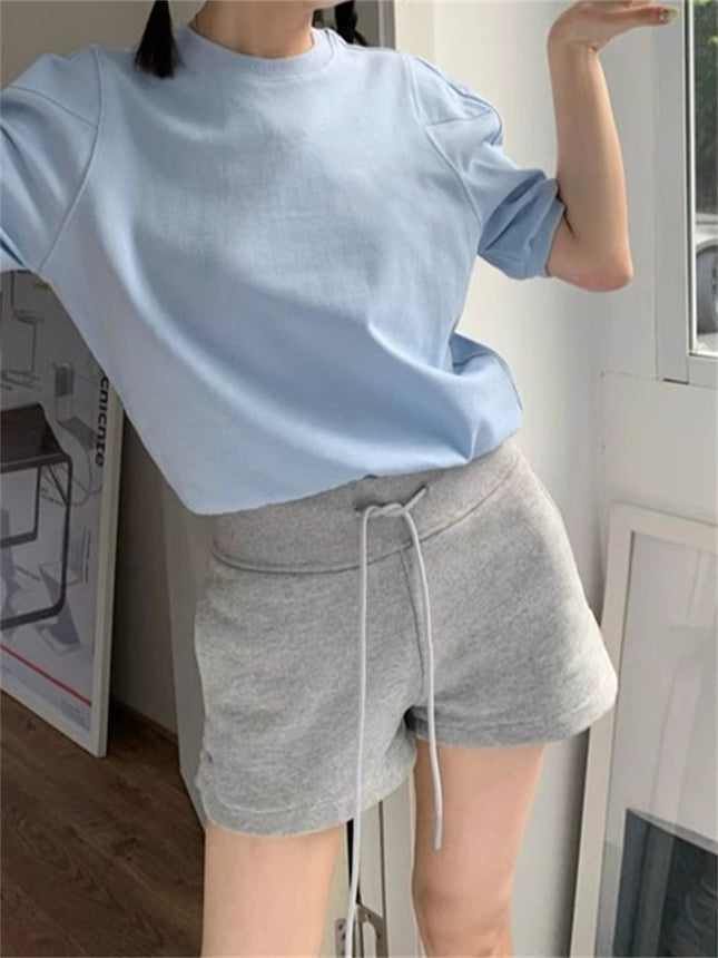 Grey Drawstring Casual Sports Shorts Women's Autumn Small High Waist Outer Wear Slimming A- shaped Wide Leg Home Shorts
