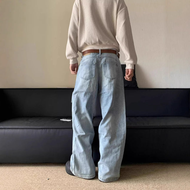 Vintage High Street Trendy Brand Washed Ripped Patchwork Jeans Men's American Loose Floor-Length Wide-Leg Casual Pants