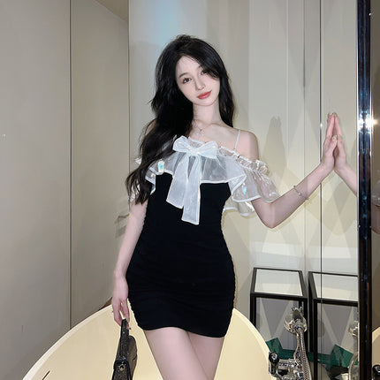 Summer New Style Mini Dress with One-Shoulder Straps and Bow, Elegant Design with a Socialite Vibe 7171