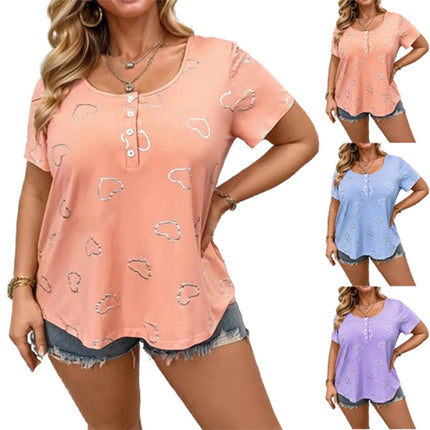 Europe and the United States cross-border 2025TEMUwish foreign trade women's round neck button love printing women's short sleeve loose T-shirt