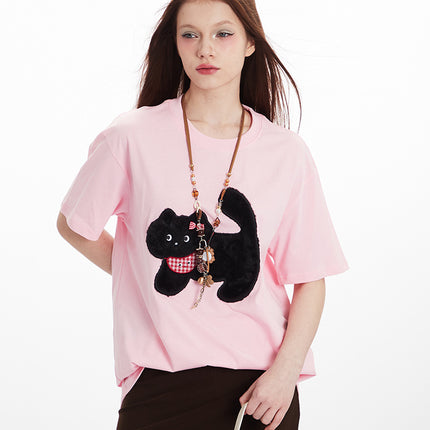 HeyHenry Men's Rabbit Fur Paste Embroidered Cat Loose Crew Neck Short Sleeve T-shirt Women's Fun Couple Top