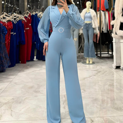 Cross-border 2025 Europe and the United States autumn and winter new chiffon stitching long sleeve women's jumpsuit INS office commuter jumpsuit