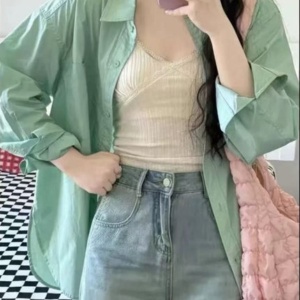 2025 Spring New Small Fresh Lake Green Cotton Long-sleeved Shirt Women's Loose All-match Slimming Shirt Cardigan Summer