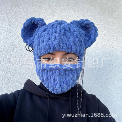 Bear Mask Headgear Sweet Cool Spice Girl Style European and American Handmade Knitted Thickened Wool Warm Hat Cute Autumn and Winter Hat