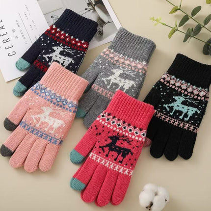 Jacquard Smart Touch Deer Winter Warm Gloves Manufacturer Wholesale Fleece-Lined Knitted Touch Screen Gloves for Men and Women
