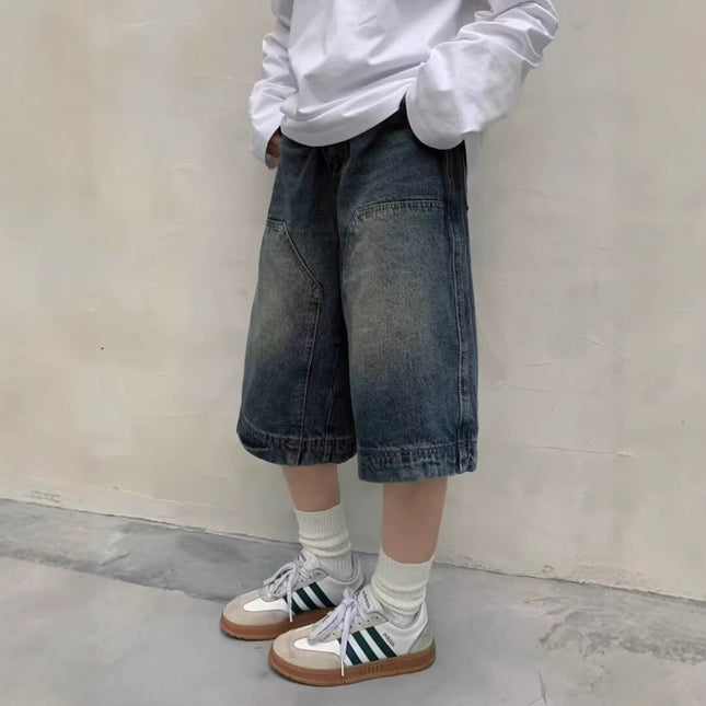 Washed Workwear Denim Shorts for Women, Summer Thin Mid-Length American Street Versatile Loose Straight Sports 7-Point Shorts