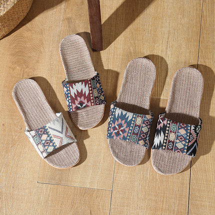 Four Seasons Home Linen Slippers Fashion Printed Thick Sole Non-Slip Sweat-Absorbent Wear-Resistant Large Sole Couple Linen Slippers Ethnic Style